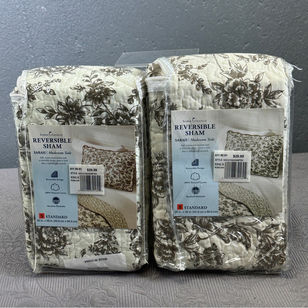 Home Classics Two Reversible Sarah Mushroom Toile Shams 20x26”